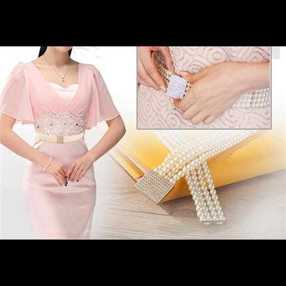 Lady\'s Faux Pearl Waist Chain Dress Pendant Adjustable Decorative Belt Hollowed